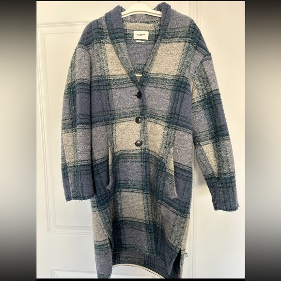 Isabel Marant Etoile navy blue plaid wool overcoat, size FR 38, slight pilling - Picture 1 of 5